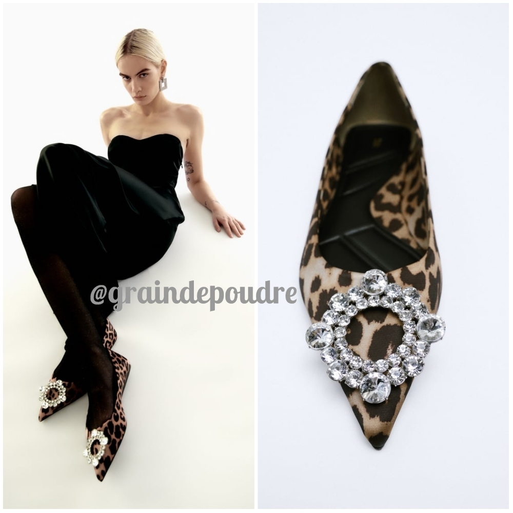Rare! Zara Leopard Satin Rhinestone Jewel Front Pointy Ballet Flats 37 6.5